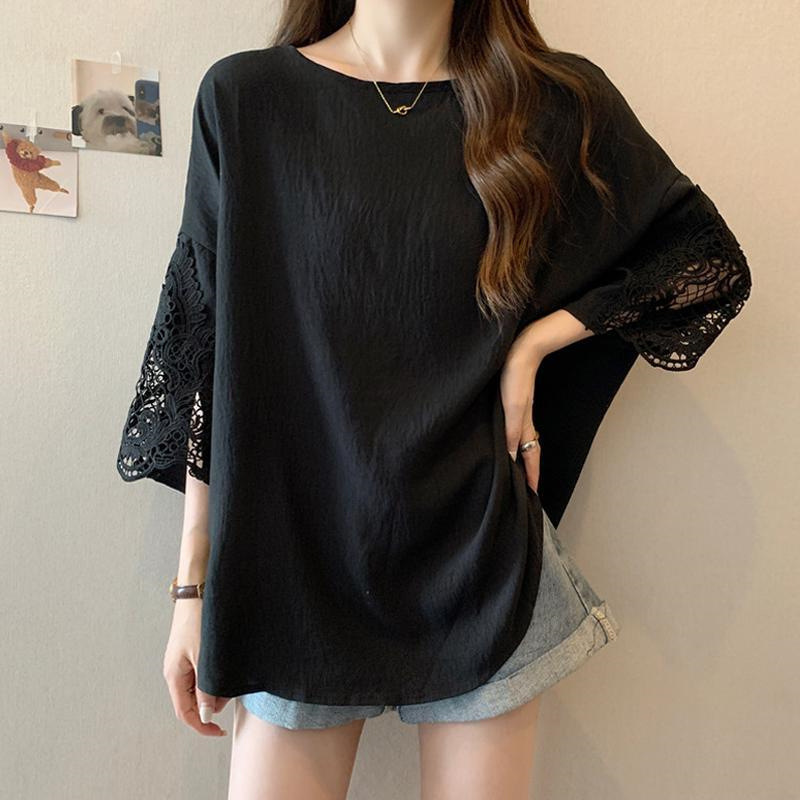 百搭別緻設計感寬鬆蕾絲拼接中長款短袖