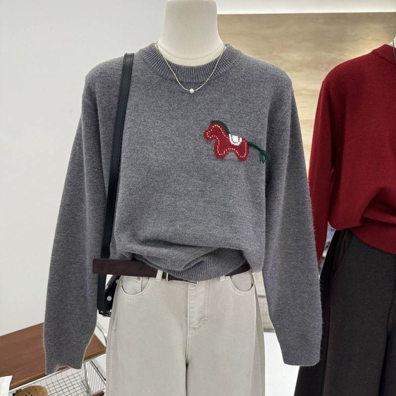 韓系減齡顯瘦毛衣打底圓領小馬針織衫