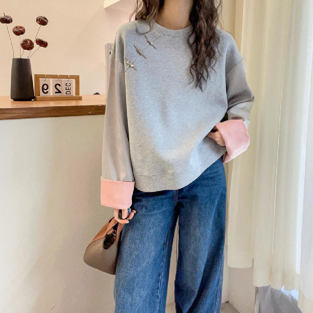 時尚潮流圓領寬鬆簡約拼接設計感休閒百搭長袖衛衣