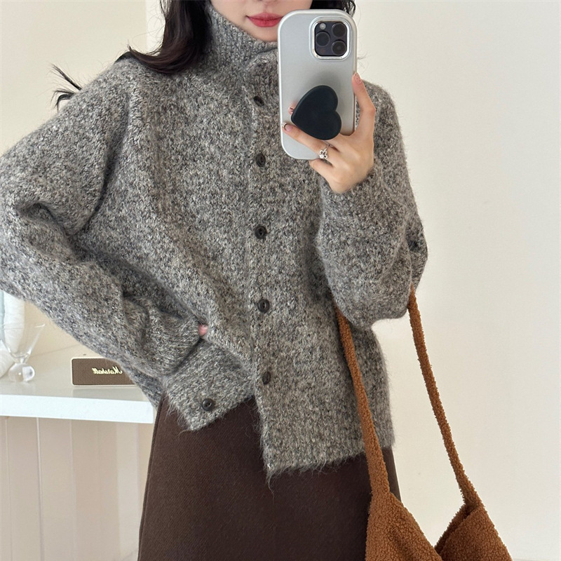 復古慵懶風花線高領寬鬆軟糯針織開衫