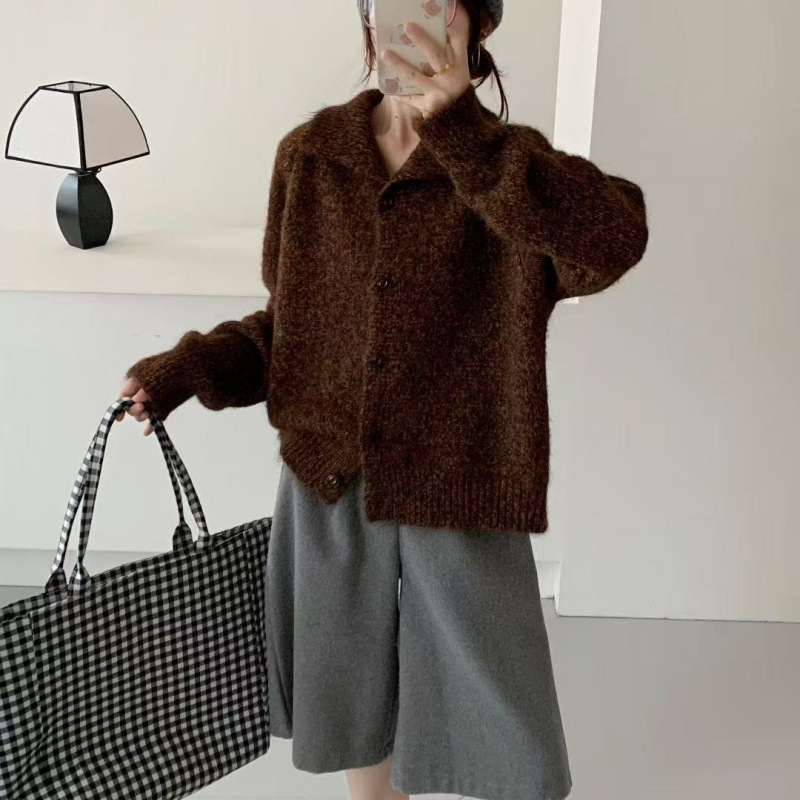 復古慵懶風花線高領寬鬆軟糯針織開衫