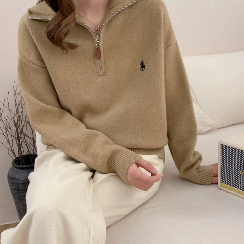 韓系刺繡圖案半拉鏈翻領寬鬆百搭針織毛衣