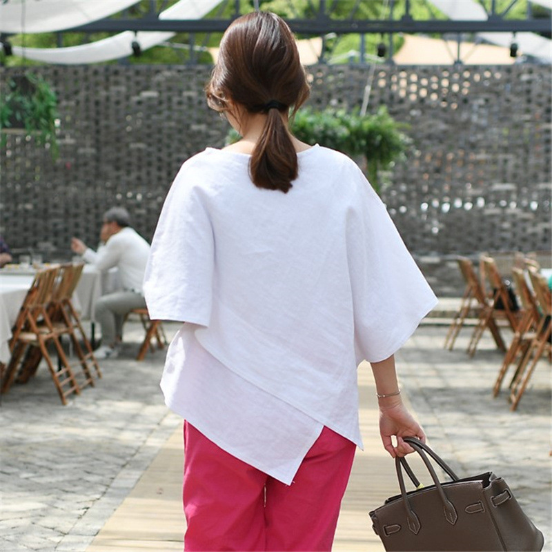 日韓休閑不規則下擺棉麻寬鬆顯瘦薄款襯衫
