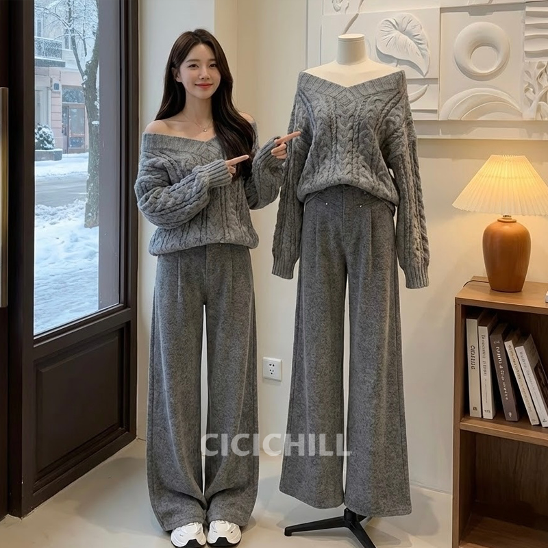 【單件/套裝】韓系慵懶風時尚針織毛衣+氣質顯瘦休閒褲兩件套