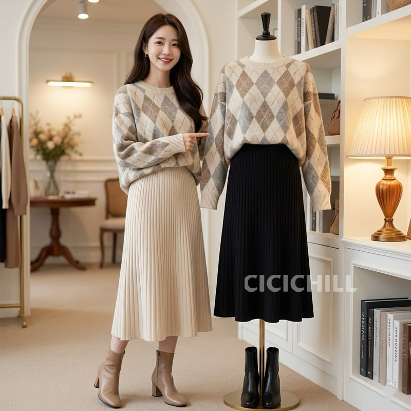 【單件/套裝】日系菱格圓領毛衣+針織吊帶洋裝兩件套
