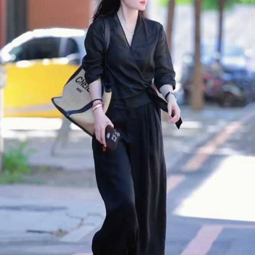 【單件/套裝】棉麻時尚減齡設計感V領襯衫+百搭高腰闊腿褲裝兩件套套裝