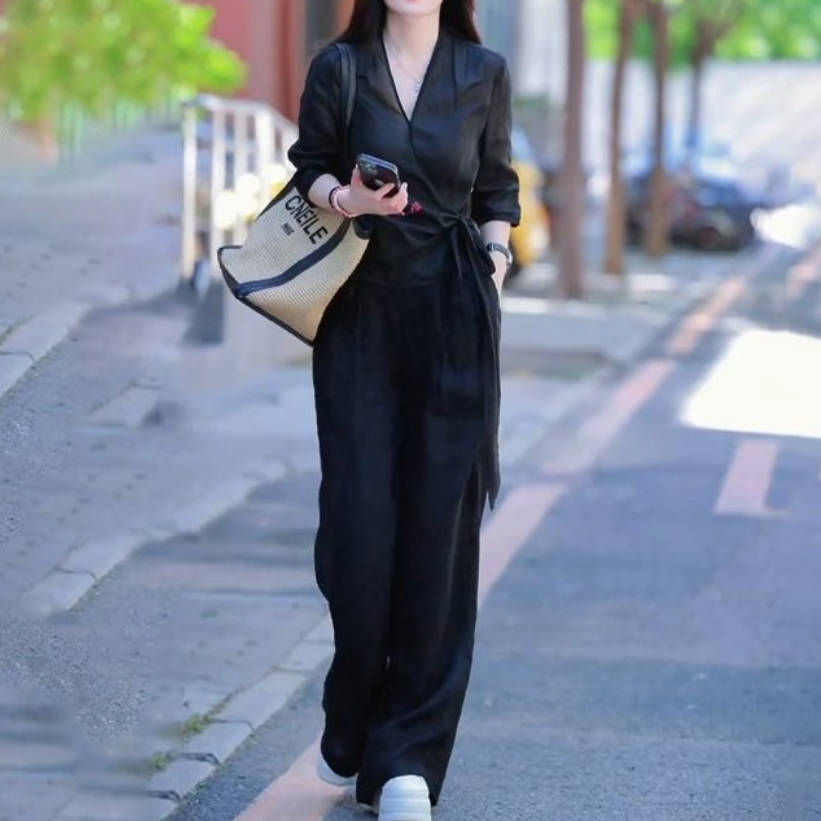 【單件/套裝】棉麻時尚減齡設計感V領襯衫+百搭高腰闊腿褲裝兩件套套裝