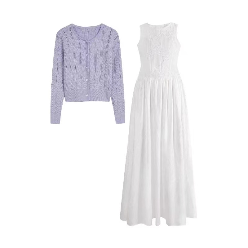 【單件/整套】氣質溫柔風紫色針織開衫+鏤空白色連身裙兩件套裝