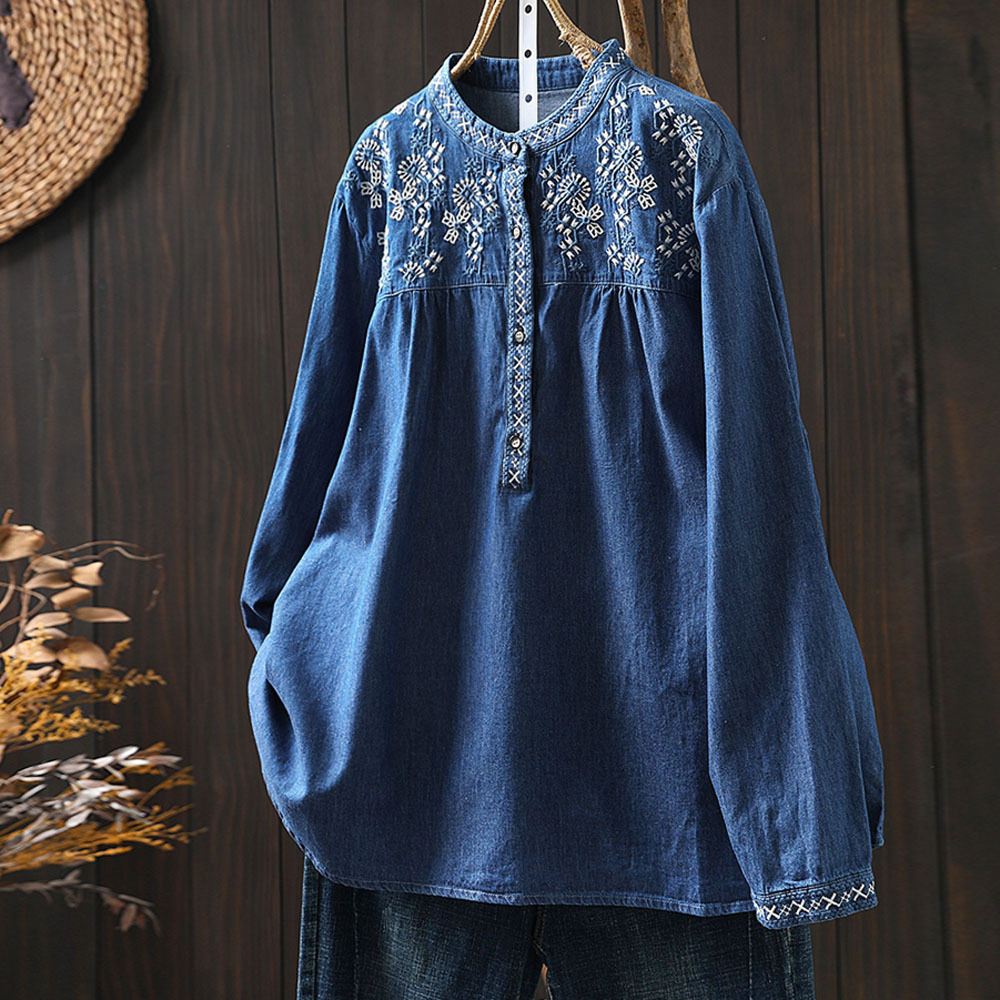 刺繡立領寬鬆牛仔復古套頭長袖襯衫
