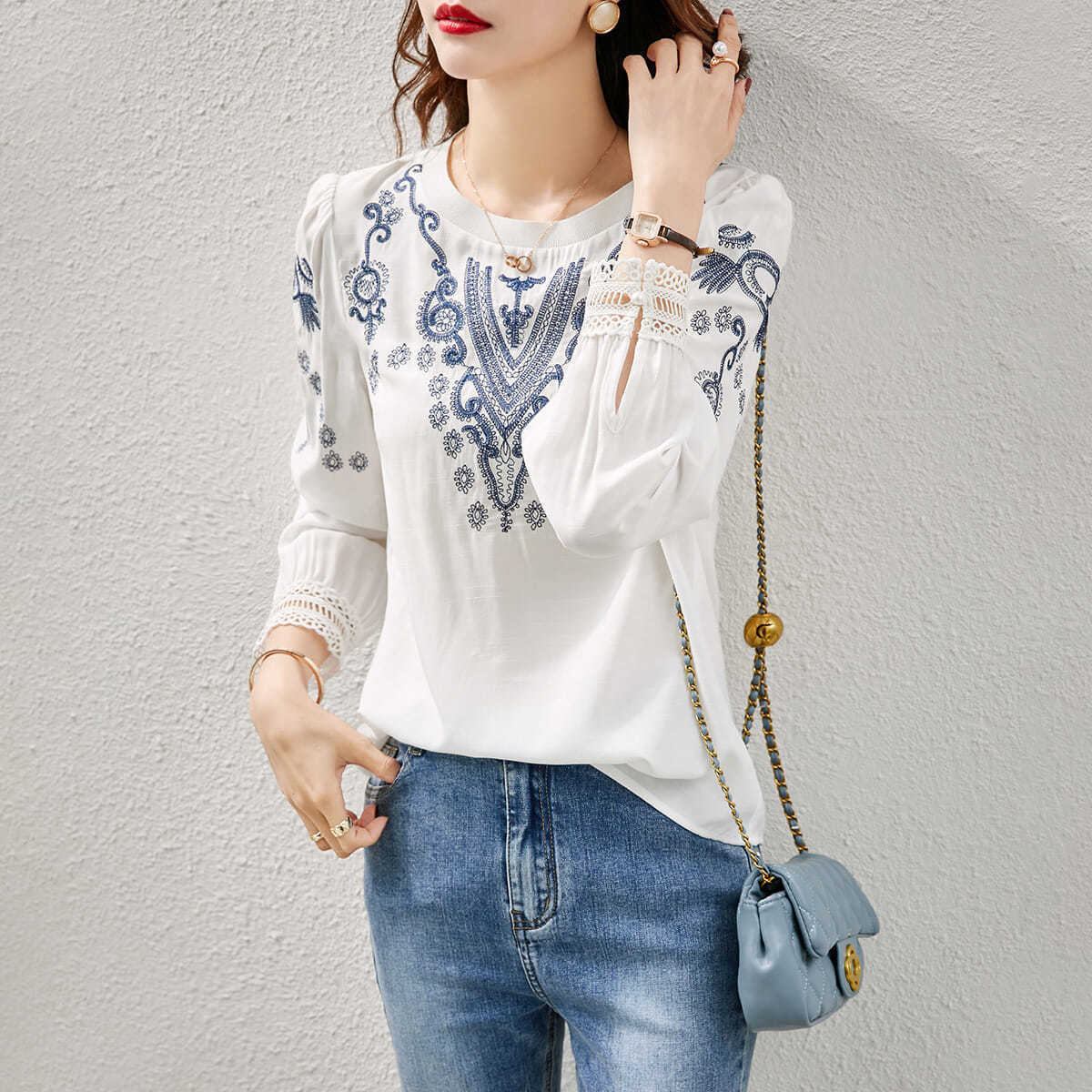 刺繡文藝復古時尚潮流百搭襯衫