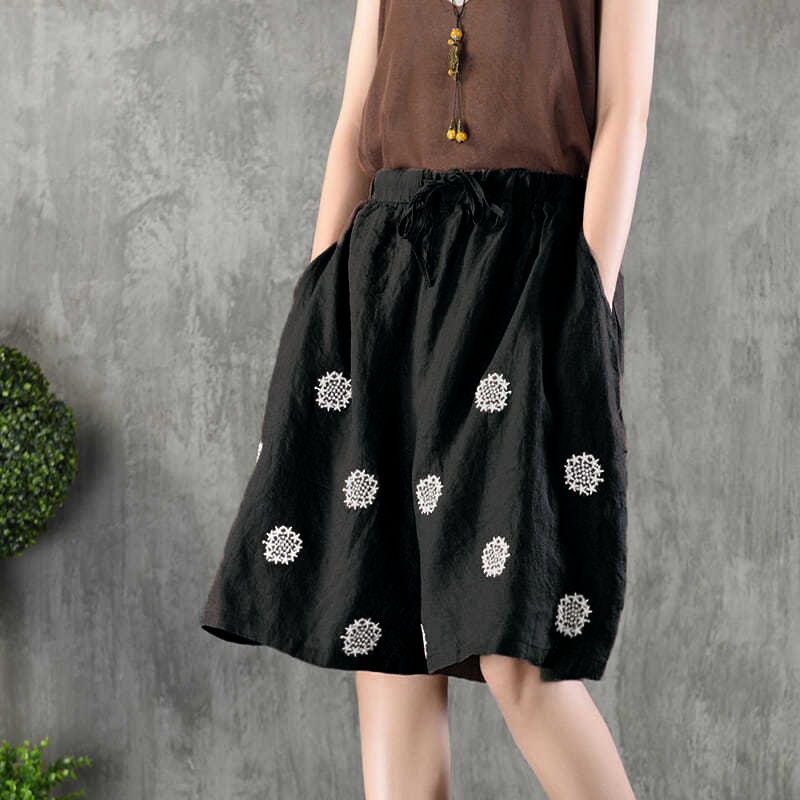 復古文藝百搭顯瘦刺繡闊腿五分褲裝