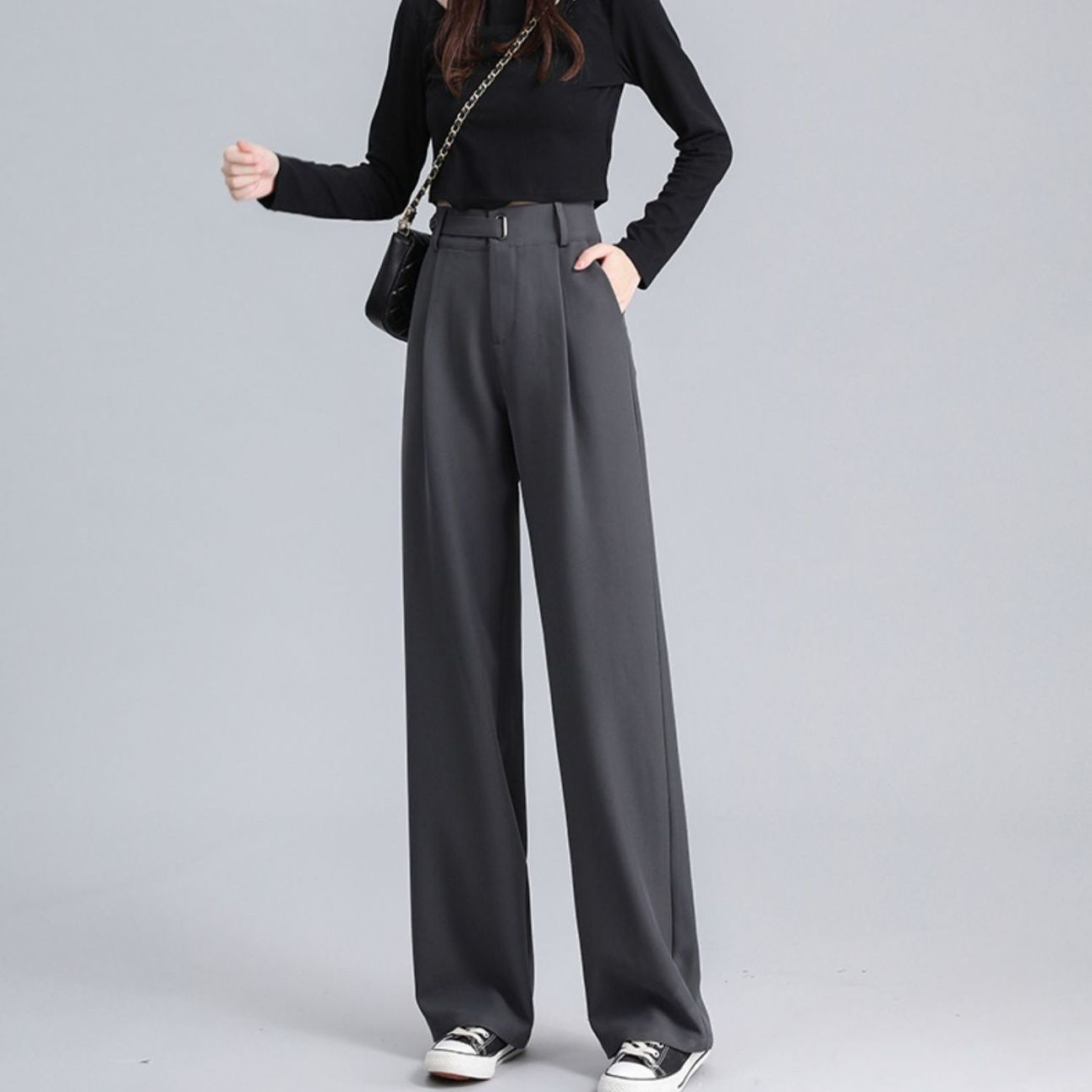 高腰垂感梨型休閒直筒西裝闊腿褲