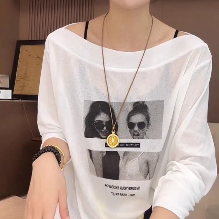 大碼露肩一字領美式慵懶風寬鬆防曬長袖罩衫T恤