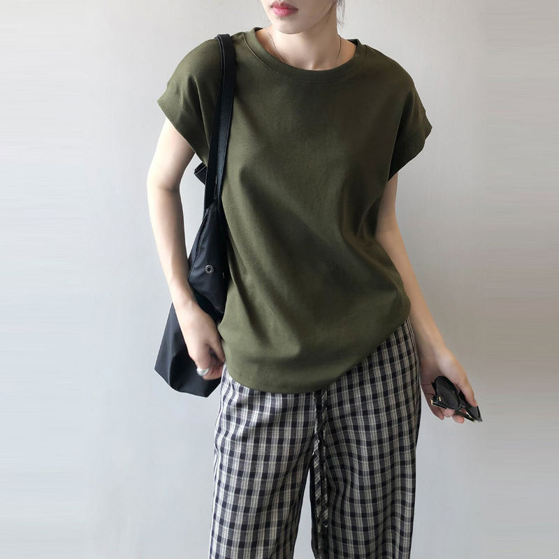 純棉落肩高級感寬鬆減齡洋氣小衫無袖短袖t恤