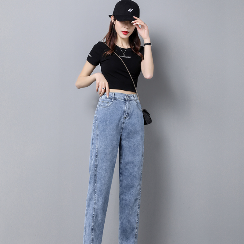 微喇型鬆緊高腰港風顯瘦小脚哈倫牛仔褲