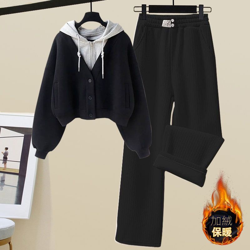 【單件/整套】奶糯風假兩件連帽衛衣+休閒運動闊腿褲兩件套裝