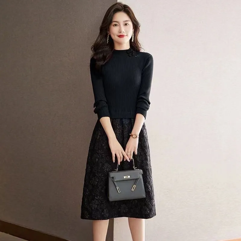 時尚氣質顯瘦過膝假兩件中長版針織洋裝