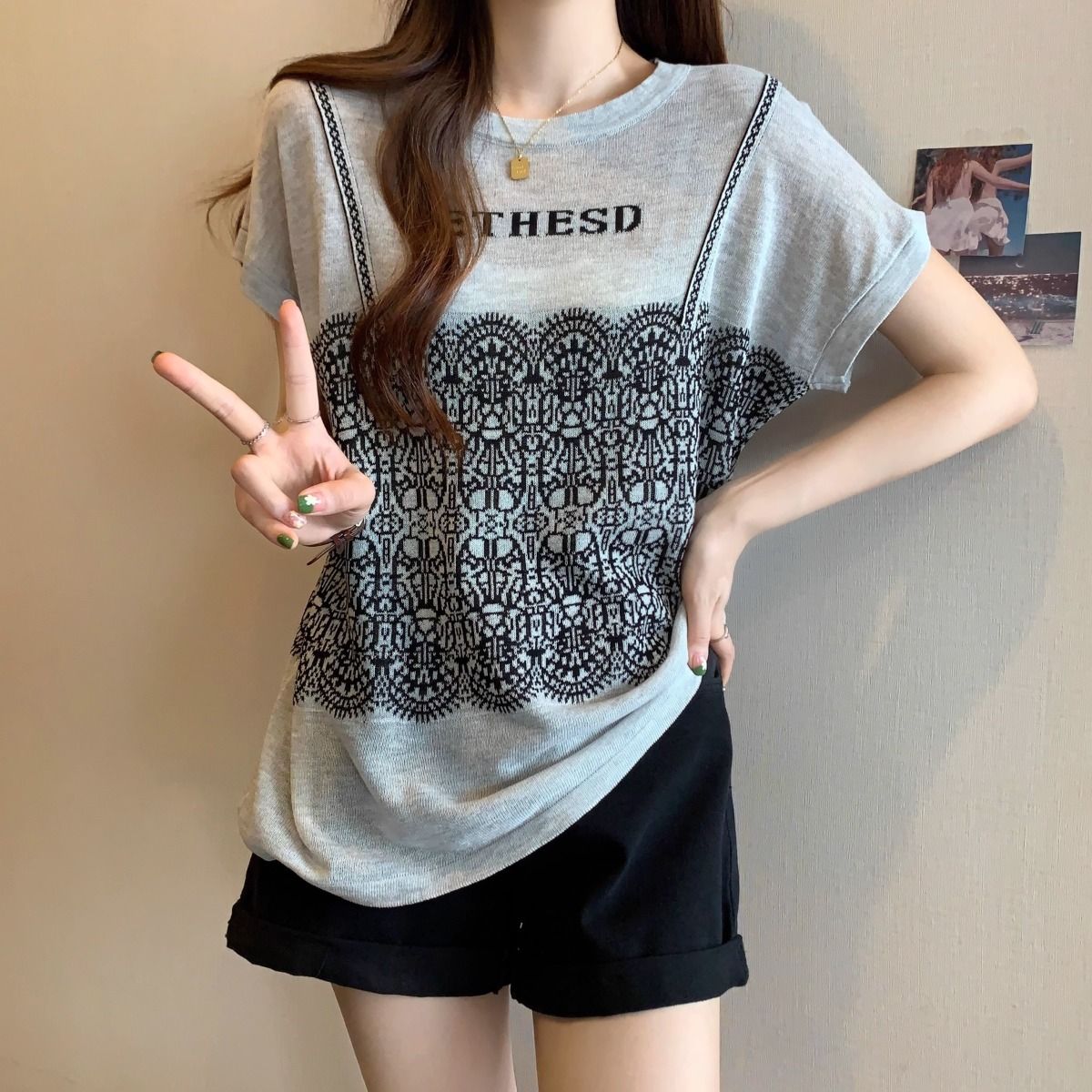 法式假兩件冰絲針織蕾絲拼接短袖t恤