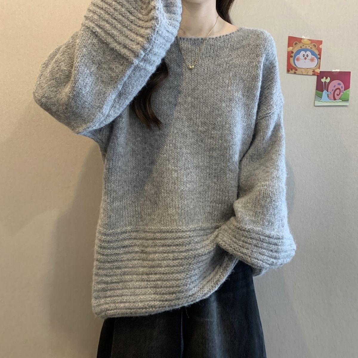 寬松燈籠袖大碼中長款針織衫軟糯慵懶風毛衣