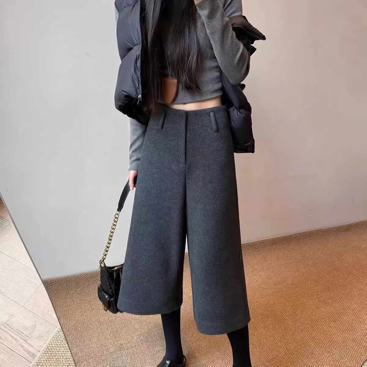 灰色毛呢高腰顯瘦休閒百搭a字7分闊腿褲