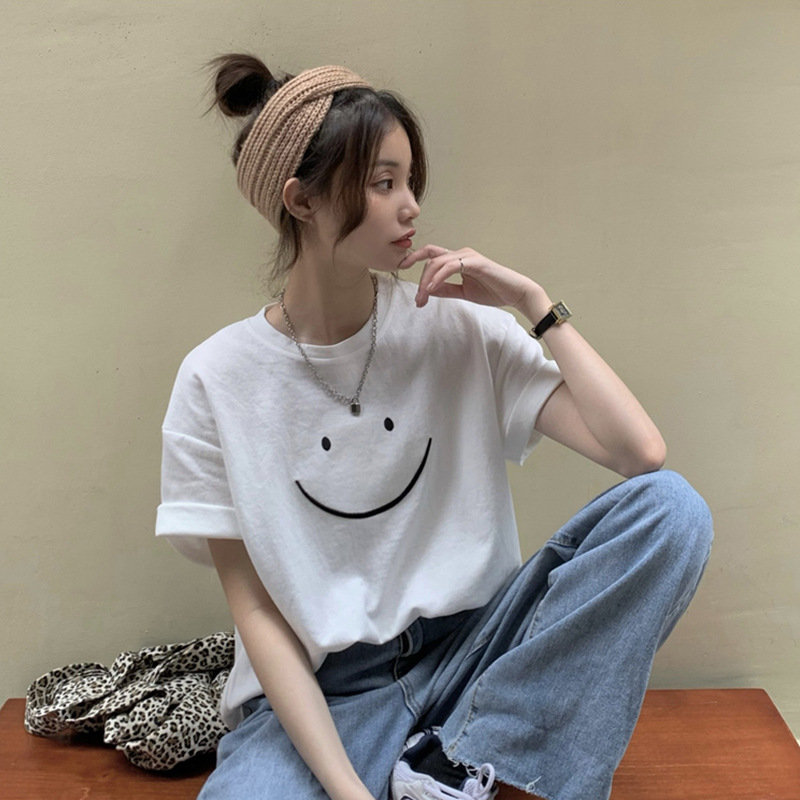 日韓休閑笑臉慵懶風寬鬆百搭大碼短袖T恤