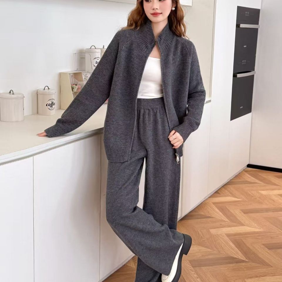 【整套】韓系時尚拉鏈針織翻領百搭毛衣+寬鬆休閒闊腿褲兩件套