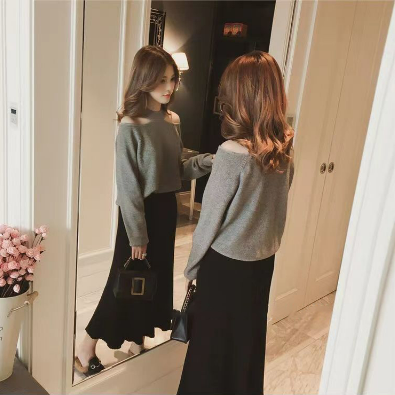 韓版露肩掛脖休閒針織衫小心機長袖毛衣