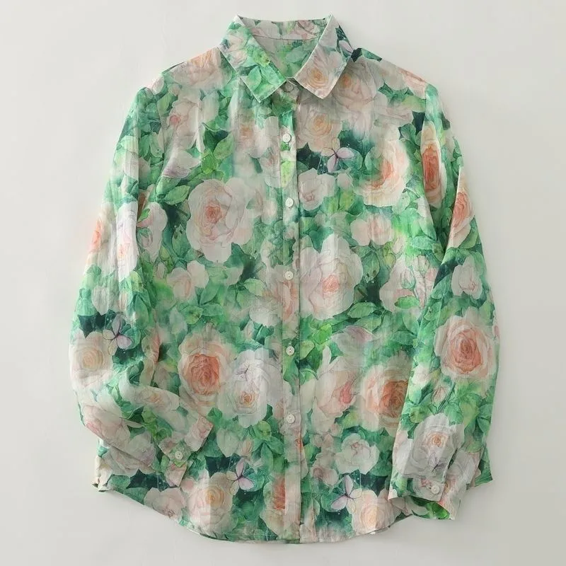 綠色碎花法式寬鬆顯瘦百搭長袖襯衫