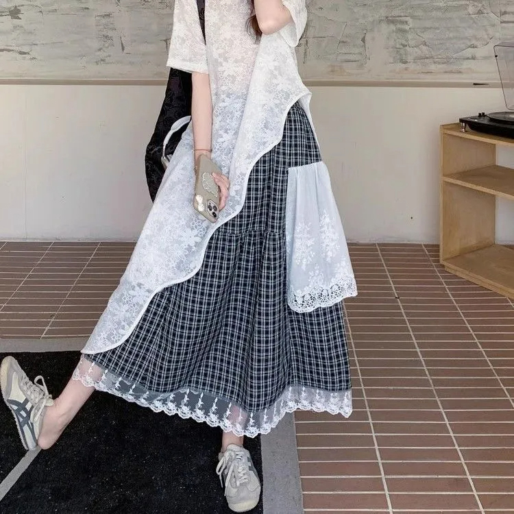 【單件/套裝】高級設計感蕾絲衫+黑白格半身裙兩件套裝