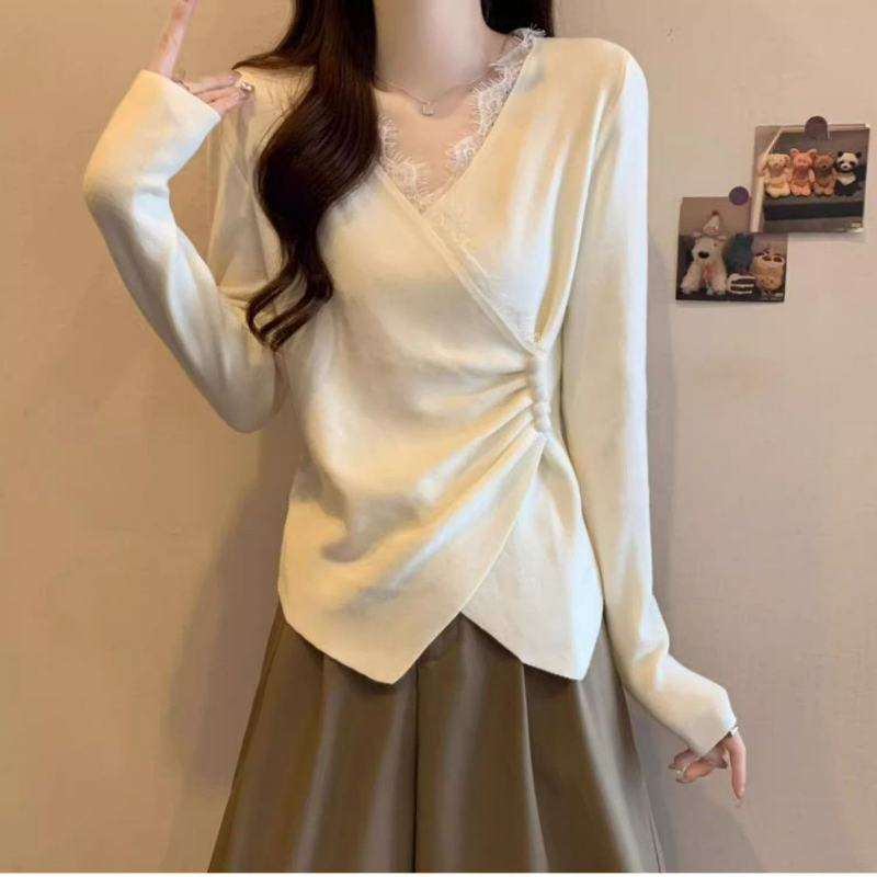 大碼德絨設計感蕾絲拼接V領不規則交叉打底衫長袖T恤