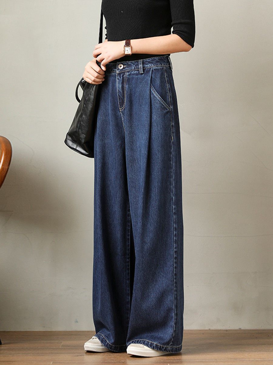 高腰闊腿褲垂感顯瘦休閒拖地牛仔褲