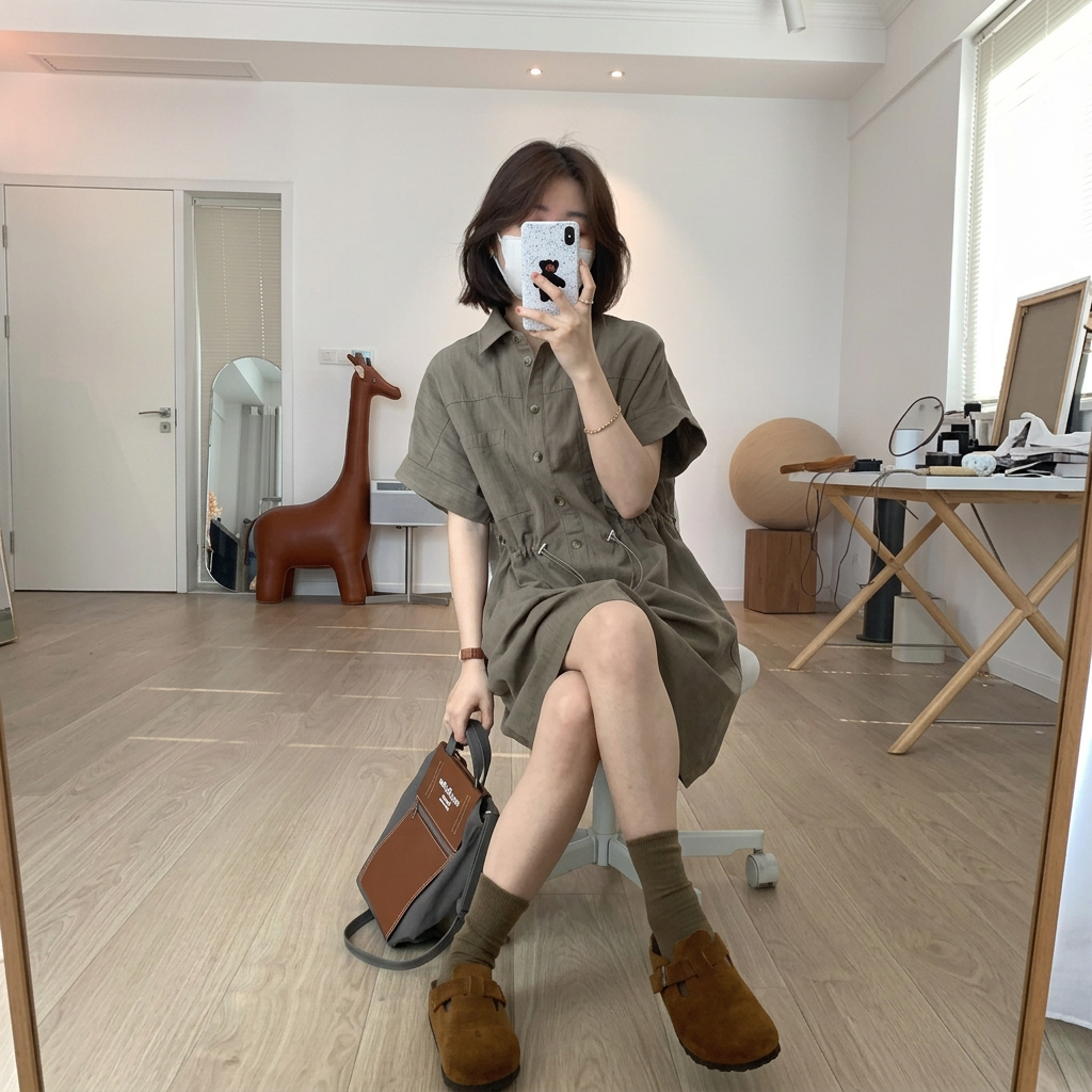 氣質潮流時裝工裝風翻領收腰短袖洋裝