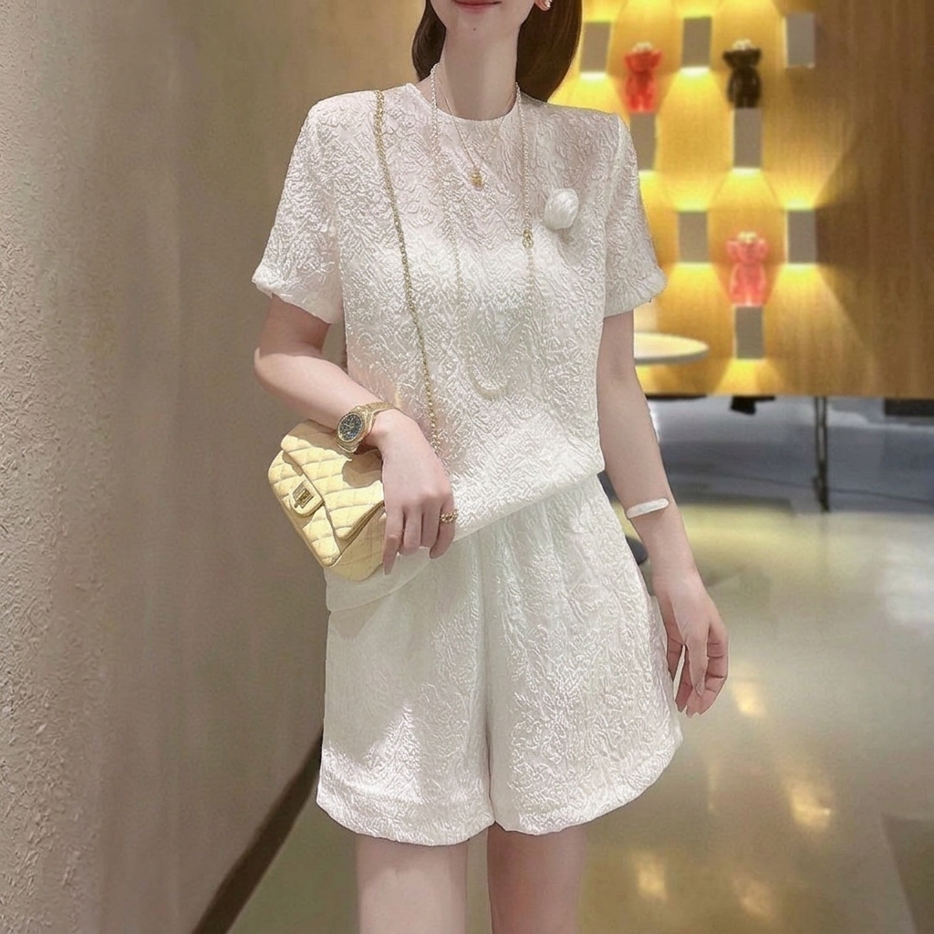@【整套】時尚洋氣小香高級感白色名媛範短袖+休閑闊腿短褲兩件套