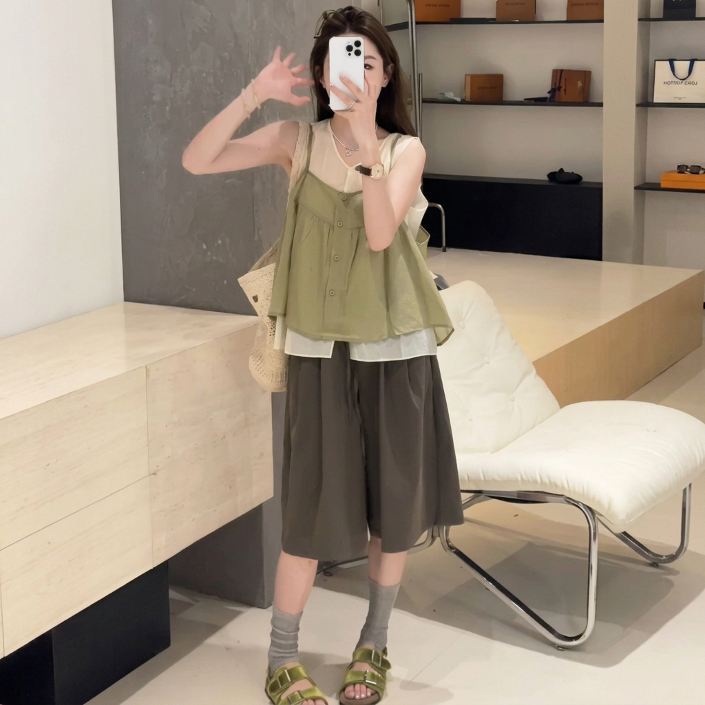 @【單件/套裝】韓系撞色吊帶背心疊穿+五分闊腿褲三件套