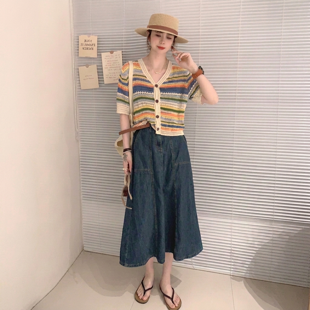 @薄款彩色條紋鏤空針織針織顯瘦開衫短袖