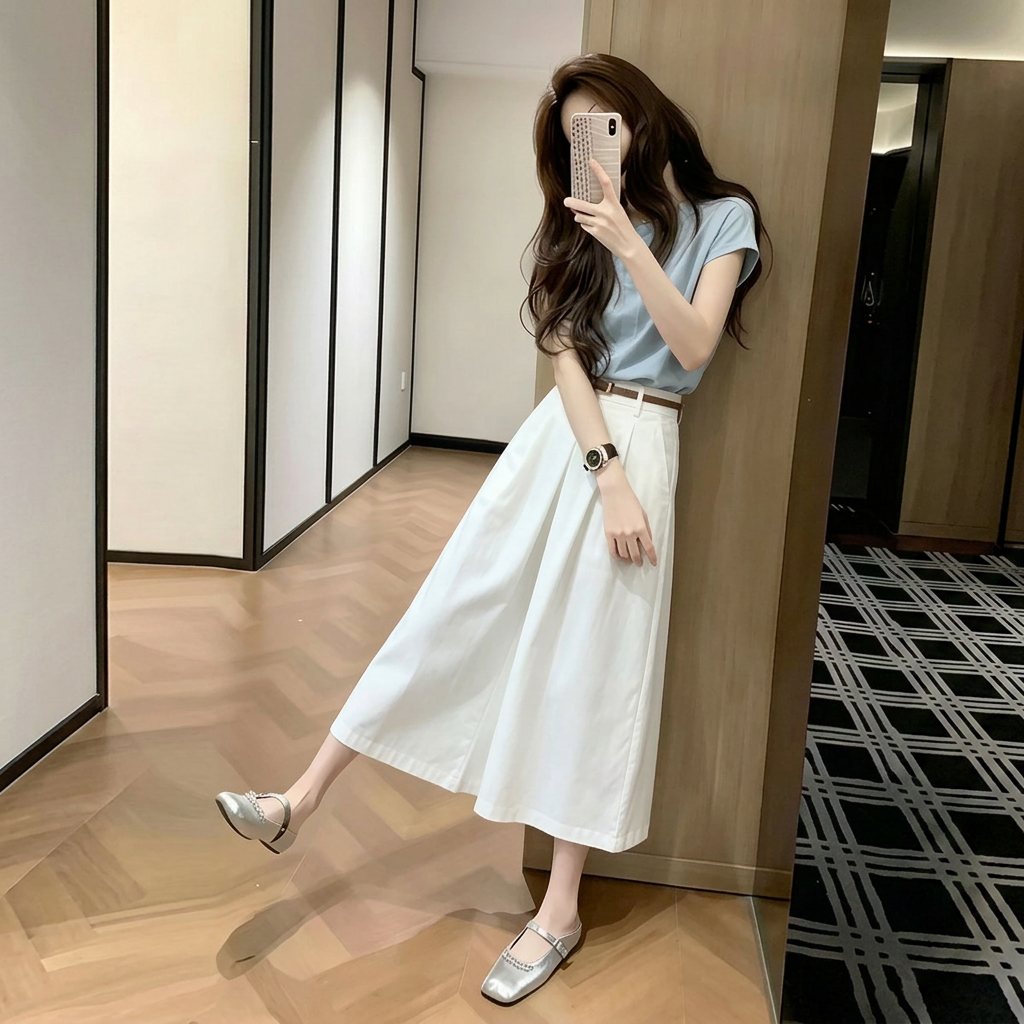 @【整套】高級感時尚T恤+百搭休閑半身裙兩件套