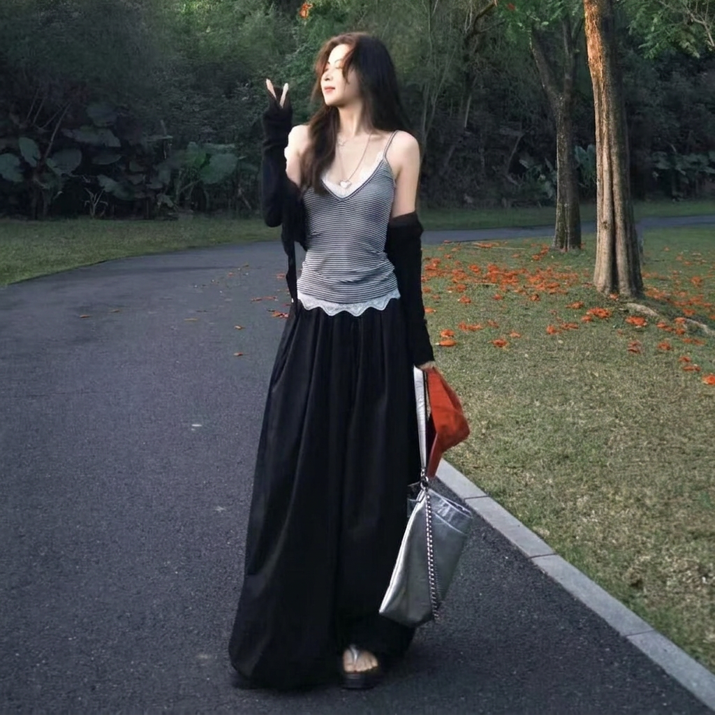 【單件/套裝】韓系長袖防曬開衫條紋吊帶背心高腰顯瘦半身裙三件套