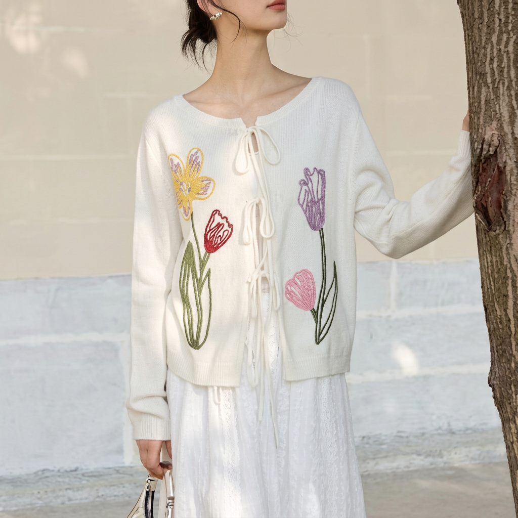 韓系甜美花朵刺繡外長袖系帶針織開衫
