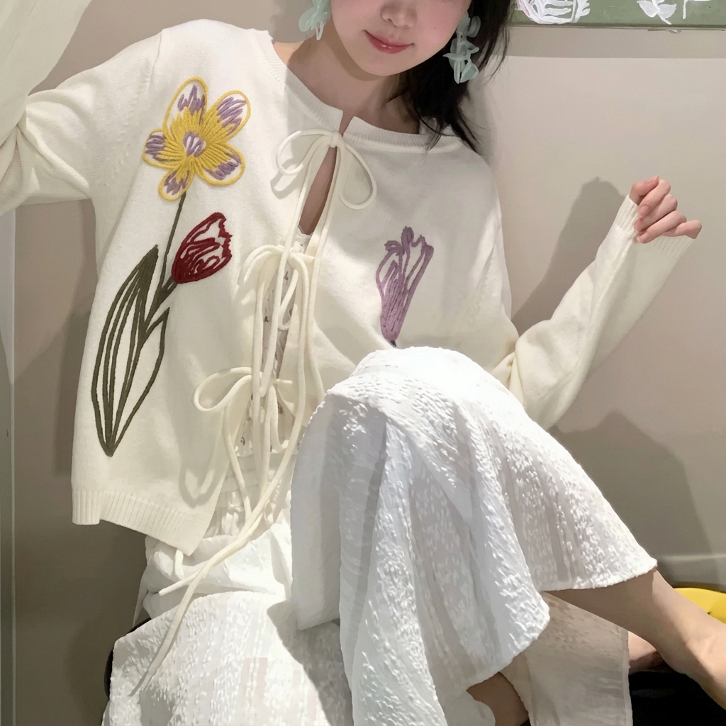韓系甜美花朵刺繡外長袖系帶針織開衫