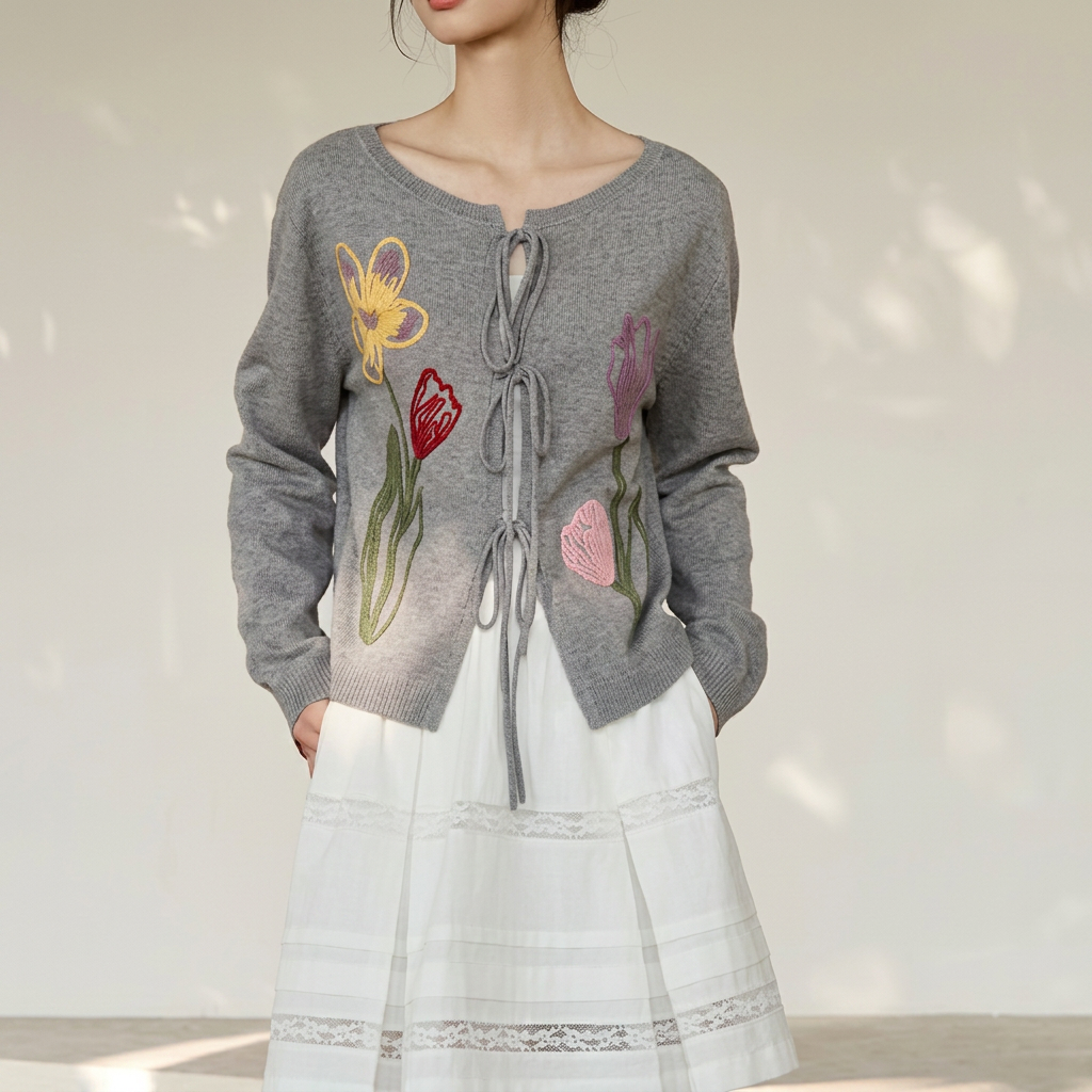 韓系甜美花朵刺繡外長袖系帶針織開衫