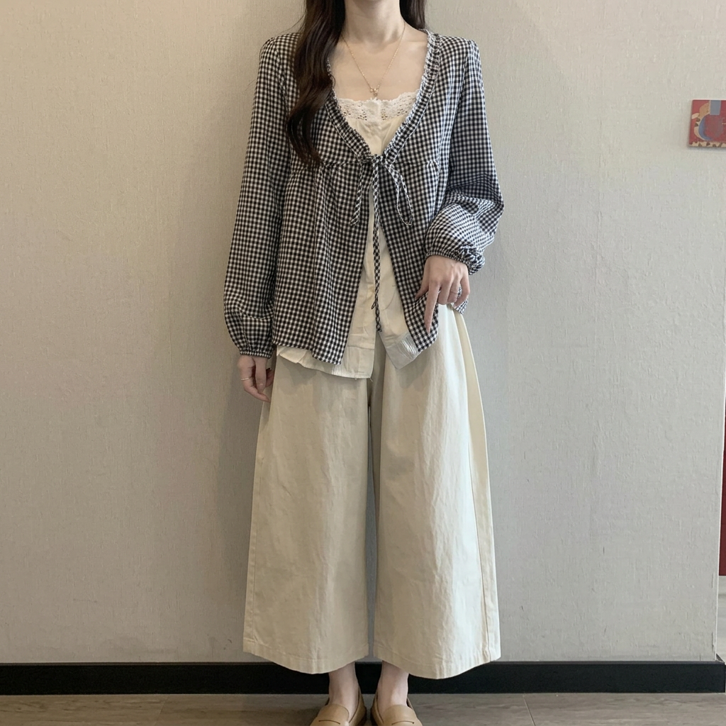 木耳邊V領設計感假兩件減齡長袖襯衫
