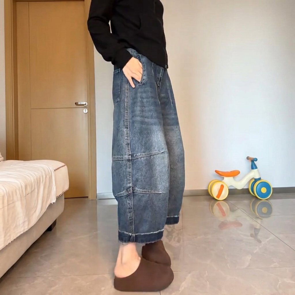 @寬鬆顯瘦哈倫潮流百搭九分闊腿彎刀牛仔褲