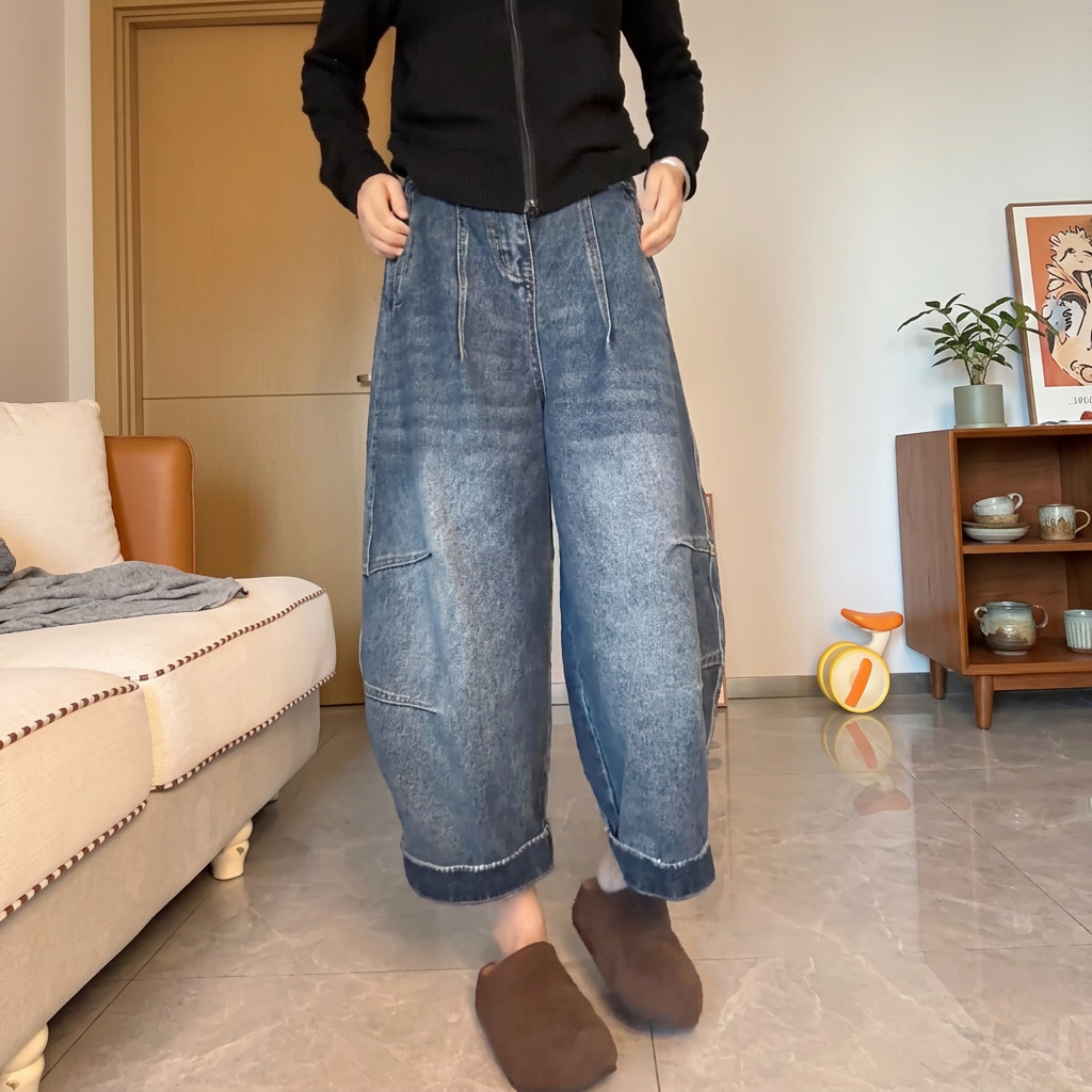@寬鬆顯瘦哈倫潮流百搭九分闊腿彎刀牛仔褲