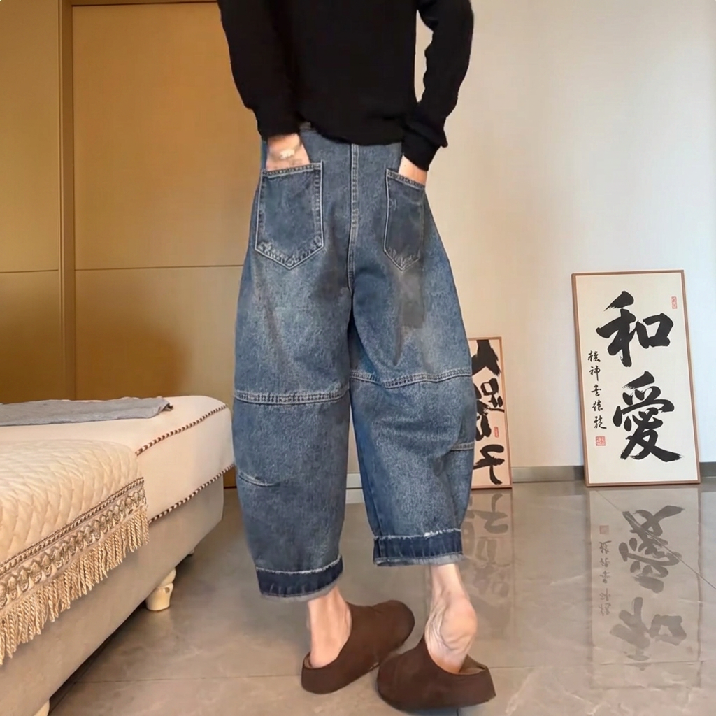 @寬鬆顯瘦哈倫潮流百搭九分闊腿彎刀牛仔褲