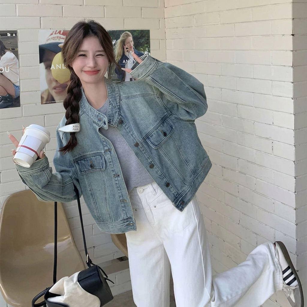 韓系簡約經典美式淺藍色牛仔夾克