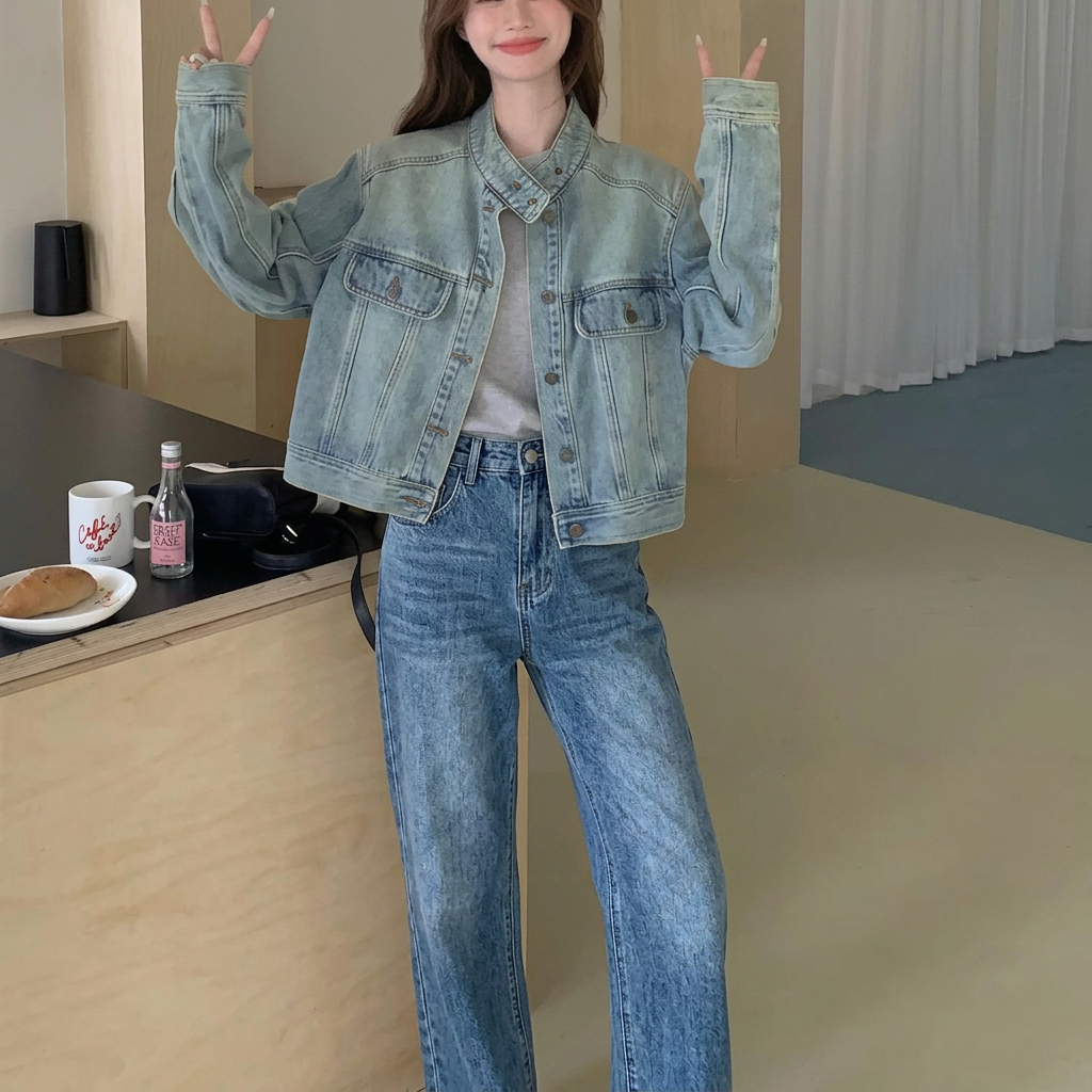 韓系簡約經典美式淺藍色牛仔夾克