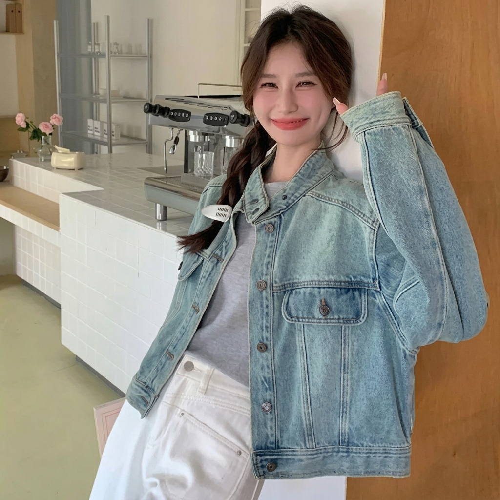 韓系簡約經典美式淺藍色牛仔夾克