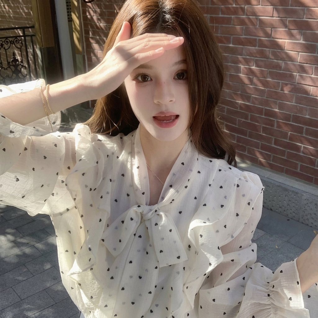 @法式高級感荷葉邊設計感綁帶波點襯衫