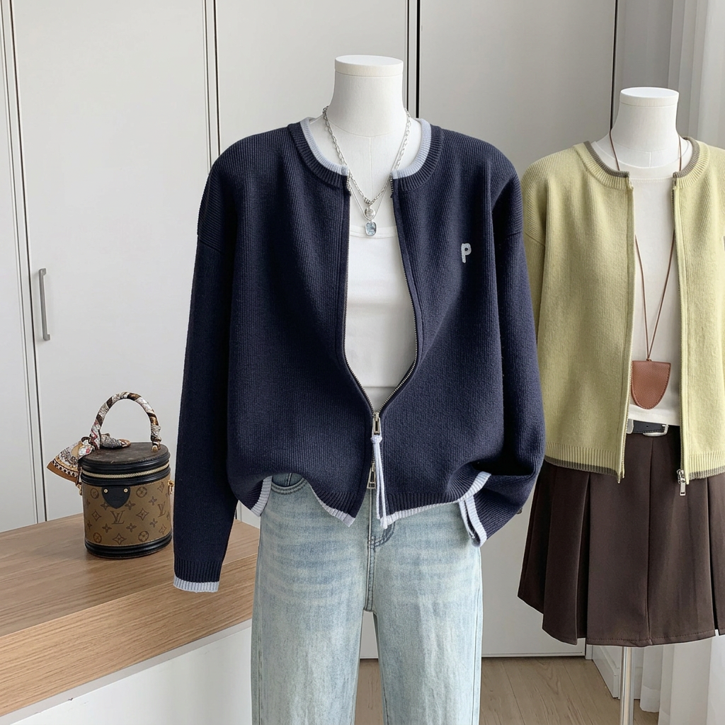 字母刺繡寬松雙拉鏈短版針織開衫