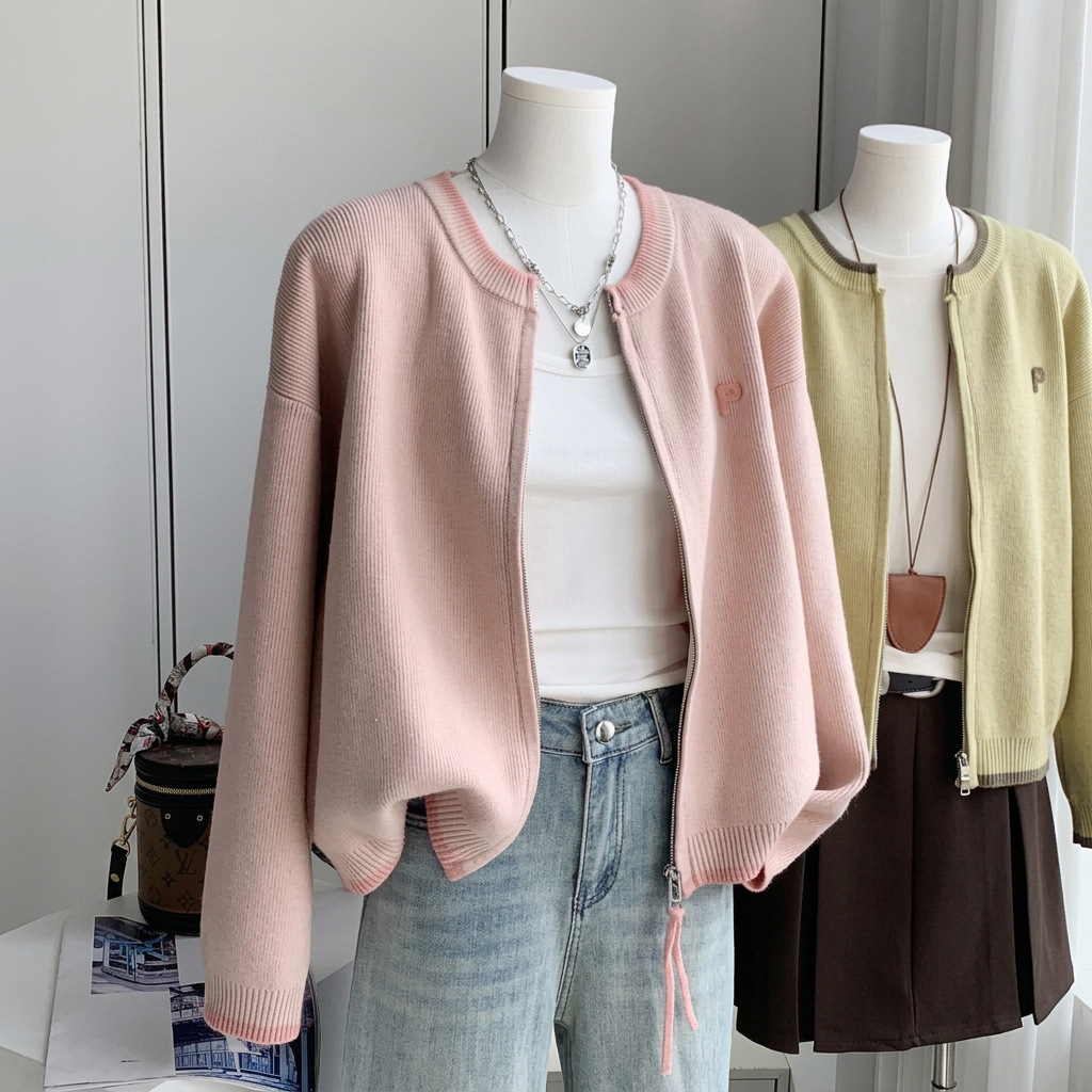 字母刺繡寬松雙拉鏈短版針織開衫
